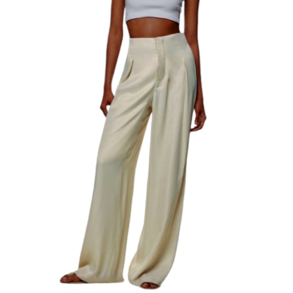 ZARA beige satin effect high rise wide leg pleated front pants size XS